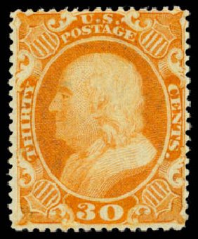 US Stamps Price Scott # 38 - 1860 30c Franklin. Daniel Kelleher Auctions, Dec 2014, Sale 661, Lot 70