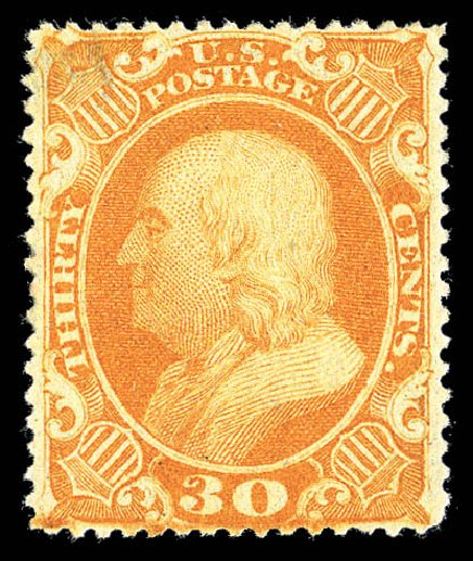 Value of US Stamps Scott Catalog 38: 30c 1860 Franklin. Matthew Bennett International, Sep 2012, Sale 345, Lot 71