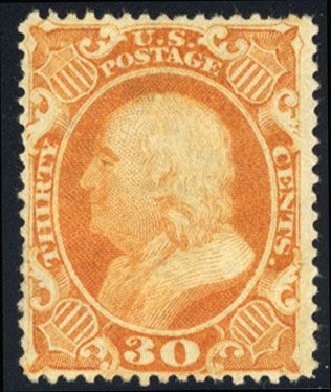 Price of US Stamp Scott Catalog #38 - 1860 30c Franklin. Cherrystone Auctions, Mar 2008, Sale 200803, Lot 81