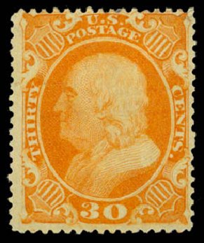 US Stamp Values Scott Catalogue # 38 - 1860 30c Franklin. Daniel Kelleher Auctions, Dec 2014, Sale 661, Lot 71