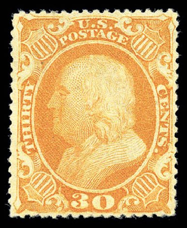Costs of US Stamps Scott Cat. #38: 30c 1860 Franklin. Matthew Bennett International, Sep 2010, Sale 333, Lot 3414