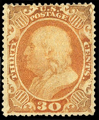 Costs of US Stamp Scott Cat. 38: 30c 1860 Franklin. Cherrystone Auctions, Sep 2012, Sale 201209, Lot 34