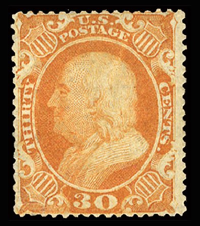 Prices of US Stamps Scott Cat. 38: 30c 1860 Franklin. Cherrystone Auctions, May 2013, Sale 201305, Lot 44