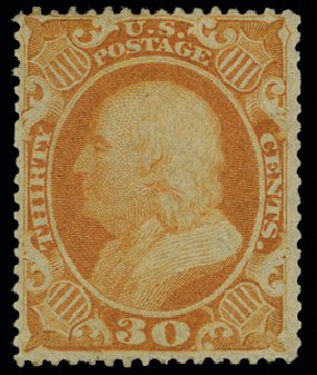 Price of US Stamp Scott #38: 1860 30c Franklin. H.R. Harmer, May 2014, Sale 3005, Lot 1074