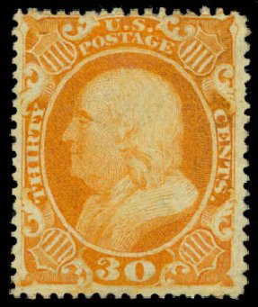 US Stamp Values Scott Cat. #38 - 30c 1860 Franklin. Daniel Kelleher Auctions, May 2014, Sale 653, Lot 2084