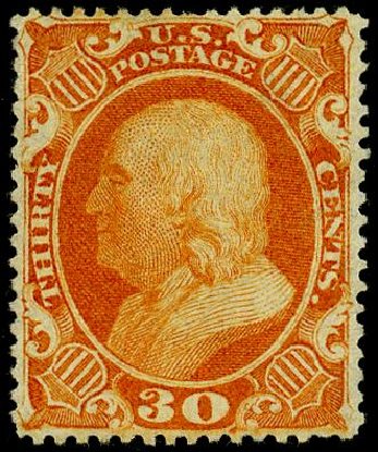 US Stamp Prices Scott Cat. 38 - 1860 30c Franklin. Matthew Bennett International, May 2008, Sale 327, Lot 45
