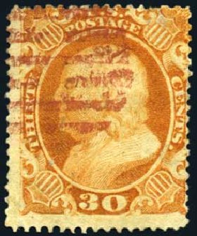 US Stamps Values Scott Catalog 38 - 30c 1860 Franklin. Harmer-Schau Auction Galleries, Oct 2008, Sale 79, Lot 55