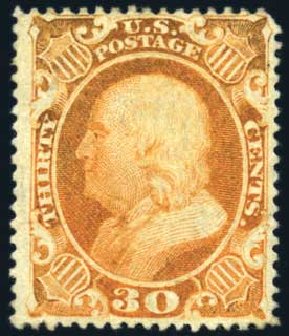 Cost of US Stamps Scott # 38: 30c 1860 Franklin. Harmer-Schau Auction Galleries, Feb 2009, Sale 80, Lot 1105