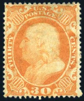 Value of US Stamps Scott Cat. 38 - 30c 1860 Franklin. Harmer-Schau Auction Galleries, Aug 2011, Sale 90, Lot 1155
