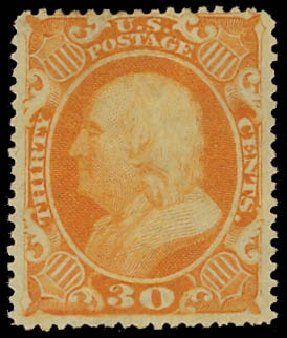 US Stamp Values Scott Catalog 38: 30c 1860 Franklin. Daniel Kelleher Auctions, Aug 2012, Sale 631, Lot 745