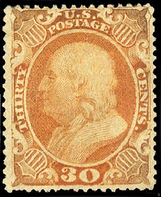 Costs of US Stamp Scott 38: 30c 1860 Franklin. Cherrystone Auctions, Apr 2010, Sale 201004, Lot 82