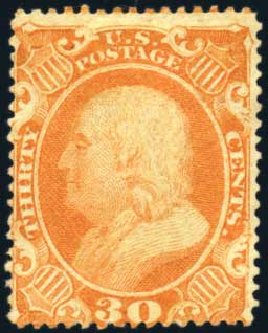 Price of US Stamps Scott Catalog 38 - 1860 30c Franklin. Harmer-Schau Auction Galleries, Oct 2010, Sale 87, Lot 112