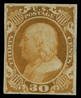 Cost of US Stamp Scott # 38: 30c 1860 Franklin. H.R. Harmer, May 2014, Sale 3005, Lot 1002