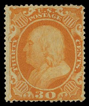 US Stamp Values Scott 38: 30c 1860 Franklin. Daniel Kelleher Auctions, Jun 2012, Sale 630, Lot 1262