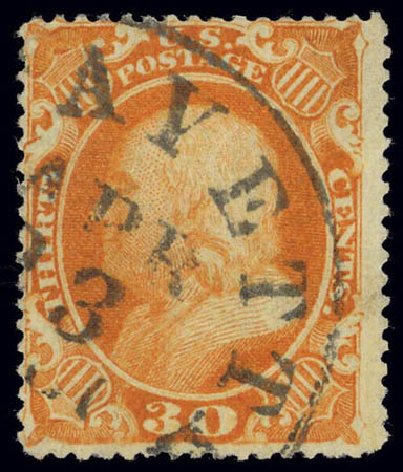 US Stamp Value Scott Catalogue # 38: 30c 1860 Franklin. Daniel Kelleher Auctions, Feb 2013, Sale 634, Lot 42