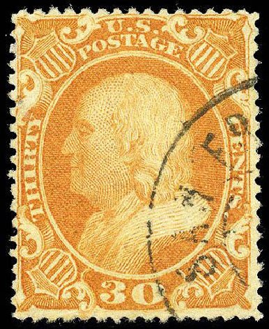 Values of US Stamp Scott Cat. 38: 30c 1860 Franklin. Matthew Bennett International, Apr 2008, Sale 326, Lot 73
