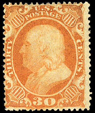 US Stamps Value Scott Catalog # 38 - 1860 30c Franklin. Cherrystone Auctions, Apr 2010, Sale 201004, Lot 83