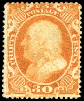 US Stamps Value Scott Catalog #38 - 30c 1860 Franklin. Harmer-Schau Auction Galleries, Oct 2010, Sale 87, Lot 113