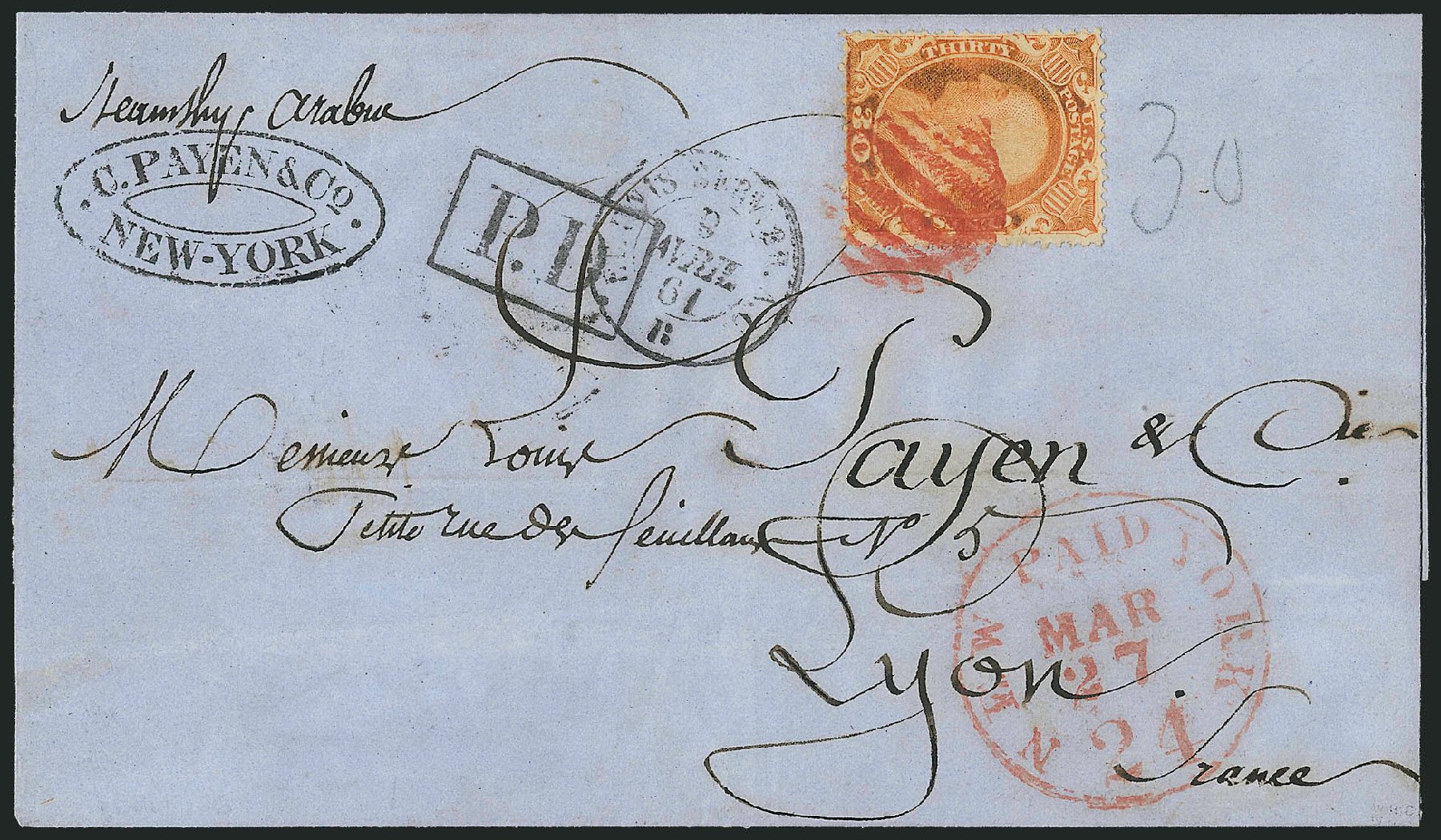 Value of US Stamp Scott Catalog 38 - 30c 1860 Franklin. Robert Siegel Auction Galleries, Dec 2010, Sale 1002, Lot 3813