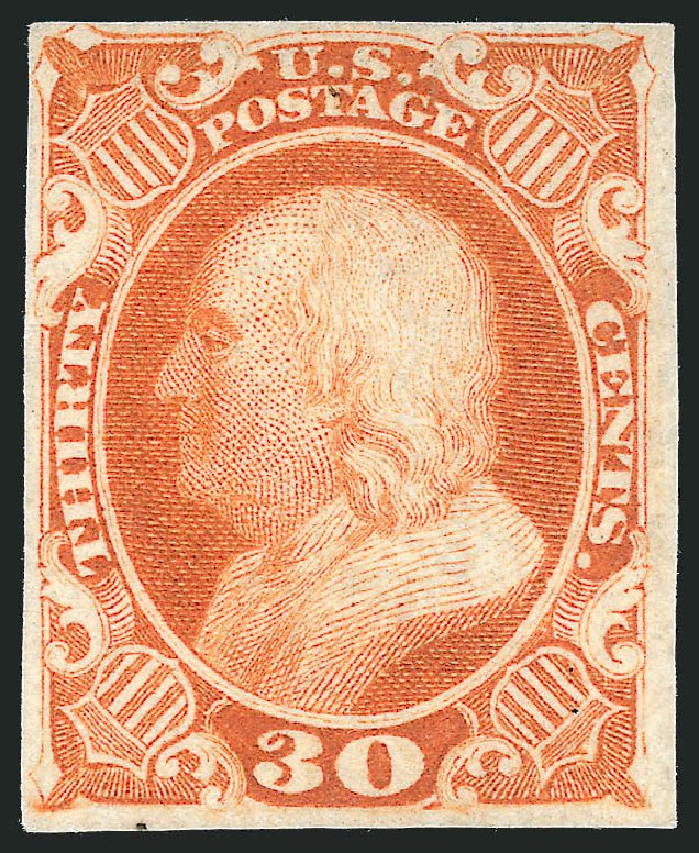 Cost of US Stamp Scott 38 - 30c 1860 Franklin. Robert Siegel Auction Galleries, Sep 2014, Sale 1078, Lot 133