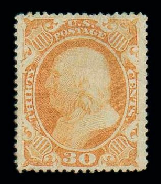 Prices of US Stamp Scott Catalog 38: 30c 1860 Franklin. Matthew Bennett International, Dec 2007, Sale 325, Lot 1476