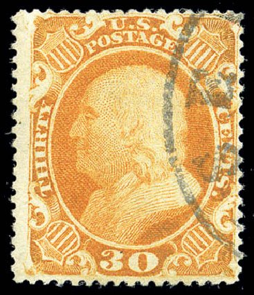 Value of US Stamp Scott 38 - 30c 1860 Franklin. Matthew Bennett International, Sep 2010, Sale 331, Lot 386
