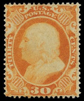 Cost of US Stamp Scott Catalogue 38: 1860 30c Franklin. Daniel Kelleher Auctions, Aug 2012, Sale 631, Lot 746