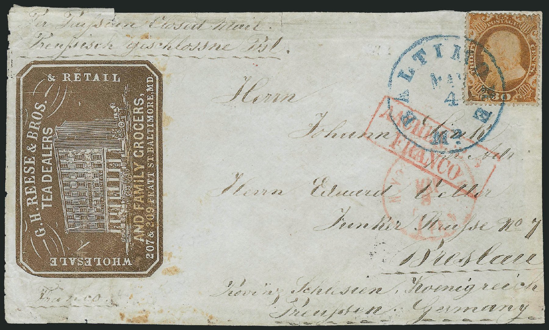 US Stamp Prices Scott Catalogue 38: 1860 30c Franklin. Robert Siegel Auction Galleries, Dec 2010, Sale 1002, Lot 3816