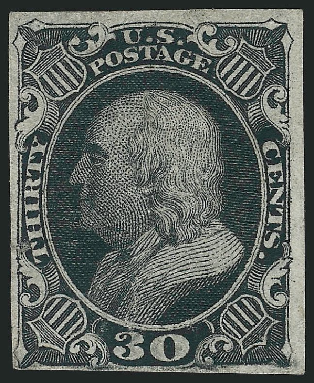 US Stamps Values Scott Catalog 38: 1860 30c Franklin. Robert Siegel Auction Galleries, Oct 2014, Sale 1082, Lot 36