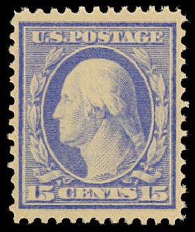 US Stamp Price Scott Catalog 382: 1911 15c Washington Perf 12. Daniel Kelleher Auctions, Oct 2012, Sale 632, Lot 1297