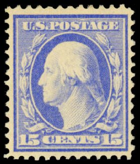 US Stamp Values Scott Catalogue # 382 - 1911 15c Washington Perf 12. Daniel Kelleher Auctions, Mar 2014, Sale 648, Lot 2151