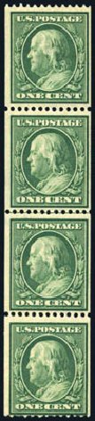 US Stamp Values Scott 385 - 1910 1c Franklin Coil. Harmer-Schau Auction Galleries, Feb 2010, Sale 84, Lot 1558