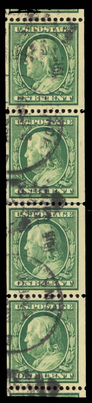 Prices of US Stamp Scott Catalog 385: 1c 1910 Franklin Coil. Daniel Kelleher Auctions, Sep 2014, Sale 655, Lot 458