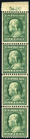 Value of US Stamps Scott Catalog # 385 - 1910 1c Franklin Coil. Harmer-Schau Auction Galleries, Jul 2010, Sale 86, Lot 524