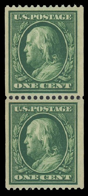 US Stamps Value Scott Catalogue 385: 1910 1c Franklin Coil. Daniel Kelleher Auctions, Aug 2012, Sale 631, Lot 1162