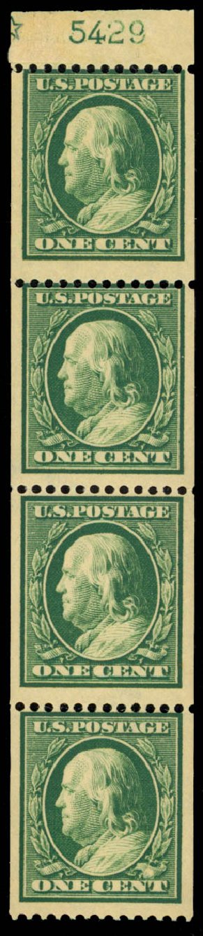 Prices of US Stamp Scott Cat. # 385 - 1910 1c Franklin Coil. Daniel Kelleher Auctions, May 2014, Sale 652, Lot 562
