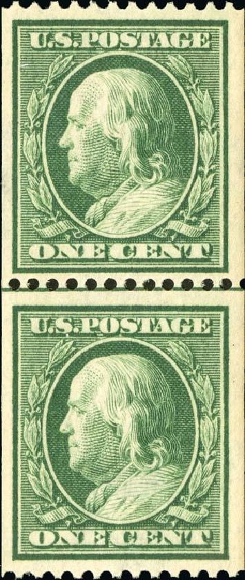 Cost of US Stamp Scott 385 - 1910 1c Franklin Coil. Spink Shreves Galleries, Jan 2015, Sale 150, Lot 153