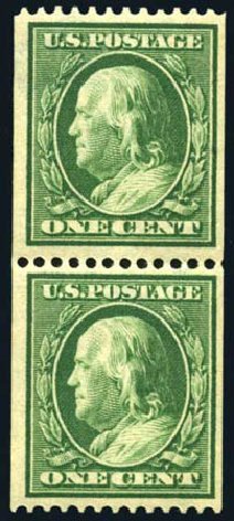 Prices of US Stamp Scott Catalog 385: 1c 1910 Franklin Coil. Harmer-Schau Auction Galleries, Oct 2008, Sale 79, Lot 186