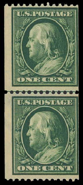 Costs of US Stamps Scott Cat. 385: 1910 1c Franklin Coil. Daniel Kelleher Auctions, Jan 2012, Sale 628, Lot 466