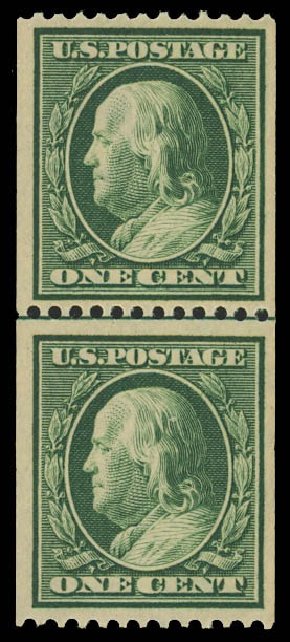 Value of US Stamps Scott Cat. #385: 1910 1c Franklin Coil. Daniel Kelleher Auctions, Jun 2012, Sale 630, Lot 1806