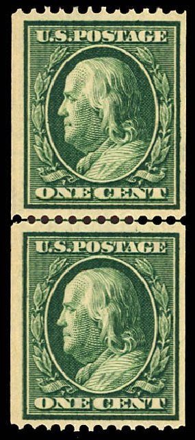 Value of US Stamps Scott Cat. #385 - 1c 1910 Franklin Coil. Daniel Kelleher Auctions, Dec 2012, Sale 633, Lot 666
