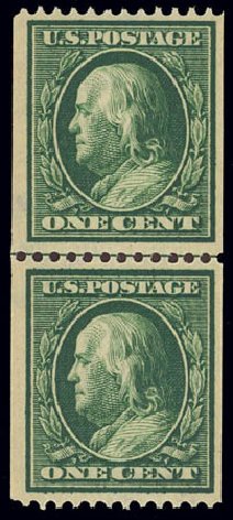 Values of US Stamps Scott # 385 - 1c 1910 Franklin Coil. Daniel Kelleher Auctions, Feb 2013, Sale 634, Lot 246