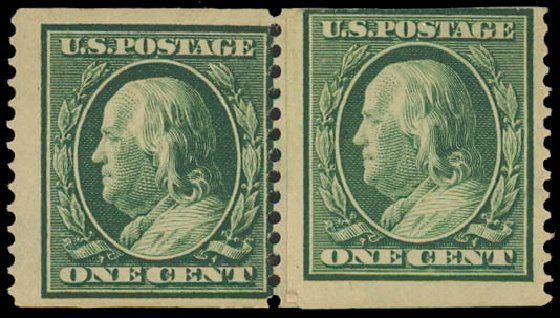 Price of US Stamps Scott Cat. #387 - 1910 1c Franklin Coil. Daniel Kelleher Auctions, Jan 2012, Sale 628, Lot 467