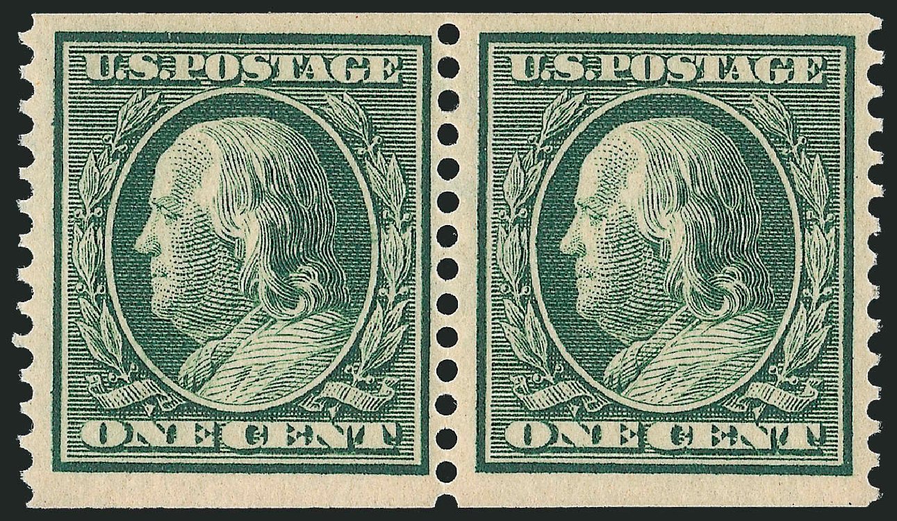 US Stamps Values Scott #387: 1910 1c Franklin Coil. Robert Siegel Auction Galleries, Oct 2010, Sale 997, Lot 5947