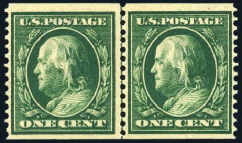 US Stamp Values Scott Cat. # 387 - 1910 1c Franklin Coil. Harmer-Schau Auction Galleries, Feb 2010, Sale 84, Lot 1561