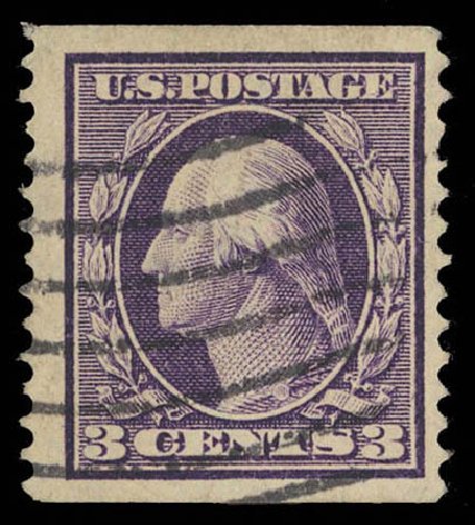 US Stamps Value Scott Cat. # 389 - 3c 1911 Washington Coil. Daniel Kelleher Auctions, Feb 2013, Sale 634, Lot 251