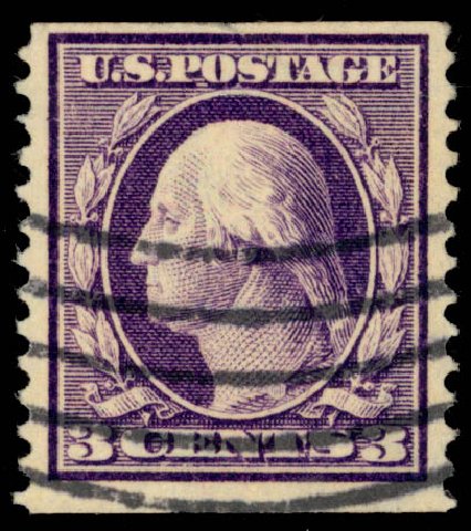 US Stamps Value Scott Cat. #389 - 1911 3c Washington Coil. Daniel Kelleher Auctions, Sep 2013, Sale 639, Lot 1141