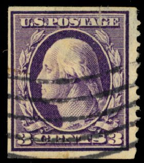 US Stamp Value Scott Catalog # 389: 1911 3c Washington Coil. Daniel Kelleher Auctions, Dec 2013, Sale 640, Lot 351