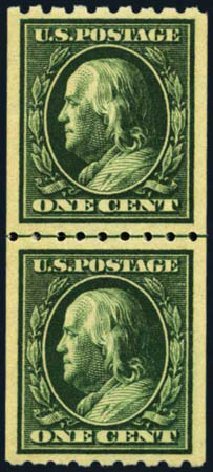 Price of US Stamps Scott Catalog #390: 1910 1c Franklin Coil. Harmer-Schau Auction Galleries, Aug 2012, Sale 94, Lot 1522