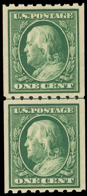 Price of US Stamps Scott Catalog #390: 1910 1c Franklin Coil. Daniel Kelleher Auctions, Apr 2012, Sale 629, Lot 322
